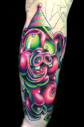 Tattoos - Cartoon tattoos - Crazy  pink party pig tattoo